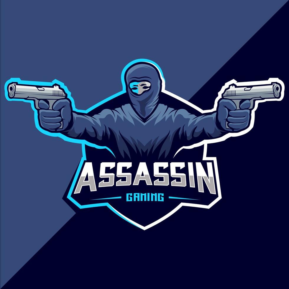 logotipo de esport de mascota de asesino con pistola vector