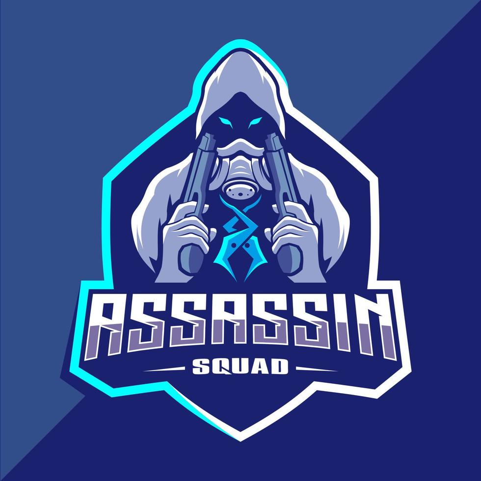 asesino con diseño de logotipo de esport de mascota de armas vector