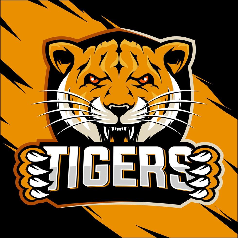 Angry esport tiger head while both hands holding writing with sharp nails vector