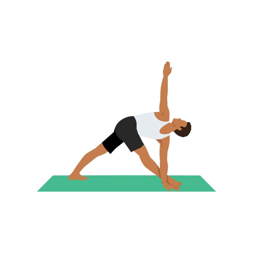 Man doing revolved triangle pose parivrtta trikonasana exercise. Flat vector illustration isolated on white background