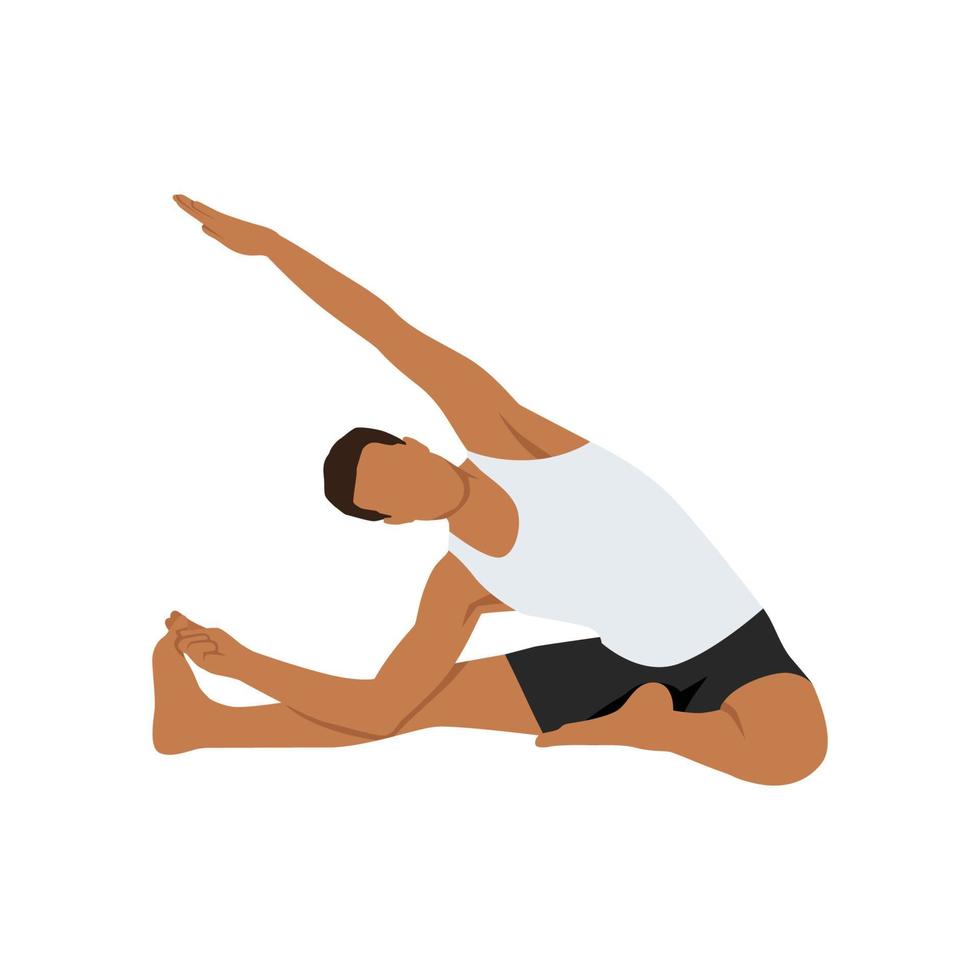 hombre haciendo ejercicio de parsva upavistha konasana pose de gran angular sentado de lado. ilustración vectorial plana aislada sobre fondo blanco vector