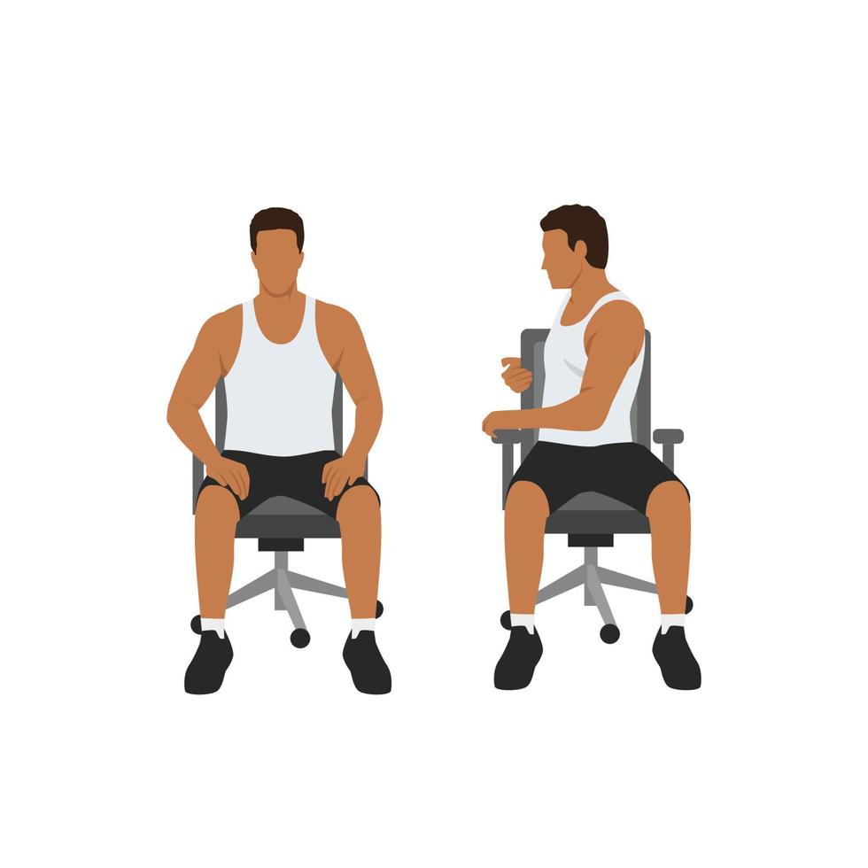 Man doing Chair spinal twist. ardha matsyendrasana exercise. Flat vector illustration isolated on white background
