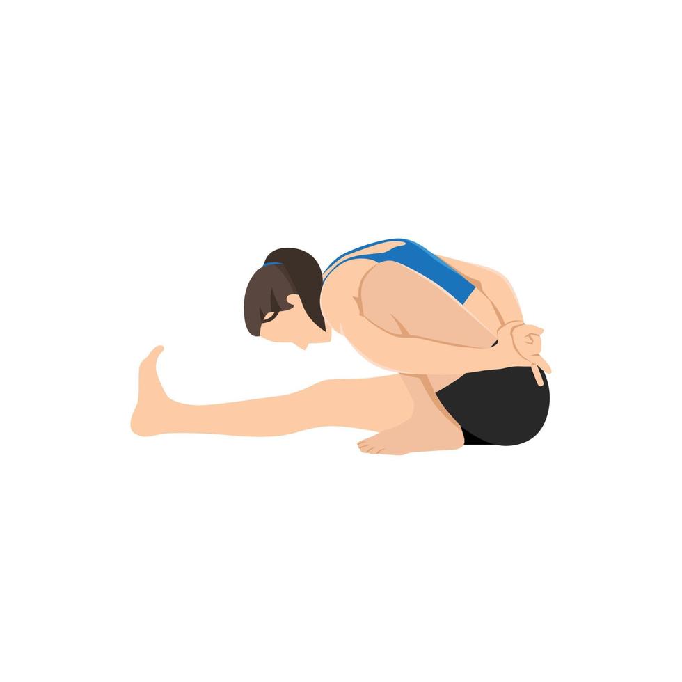 Woman doing Sage Twist Pose, Marichi's Pose, One-Legged Seated Spinal Twist Pose. Marichyasana. Flat vector illustration isolated on white background