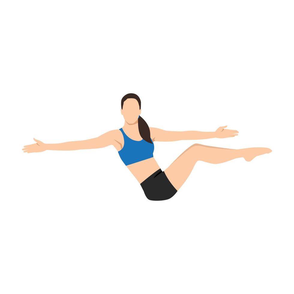 Woman doing Twisting boat pose or Navasana. Flat vector illustration isolated on white background