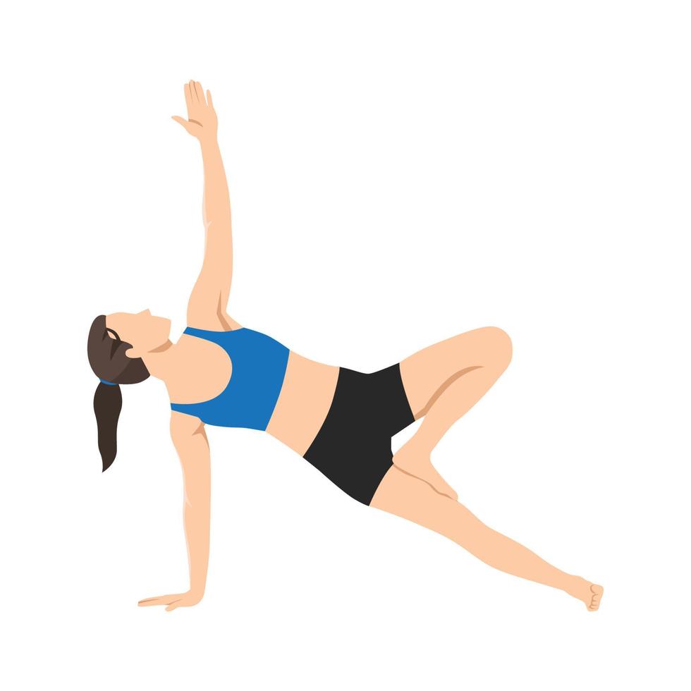 mujer haciendo ejercicio de pose de tablón lateral vasisthasana. ilustración vectorial plana aislada sobre fondo blanco vector