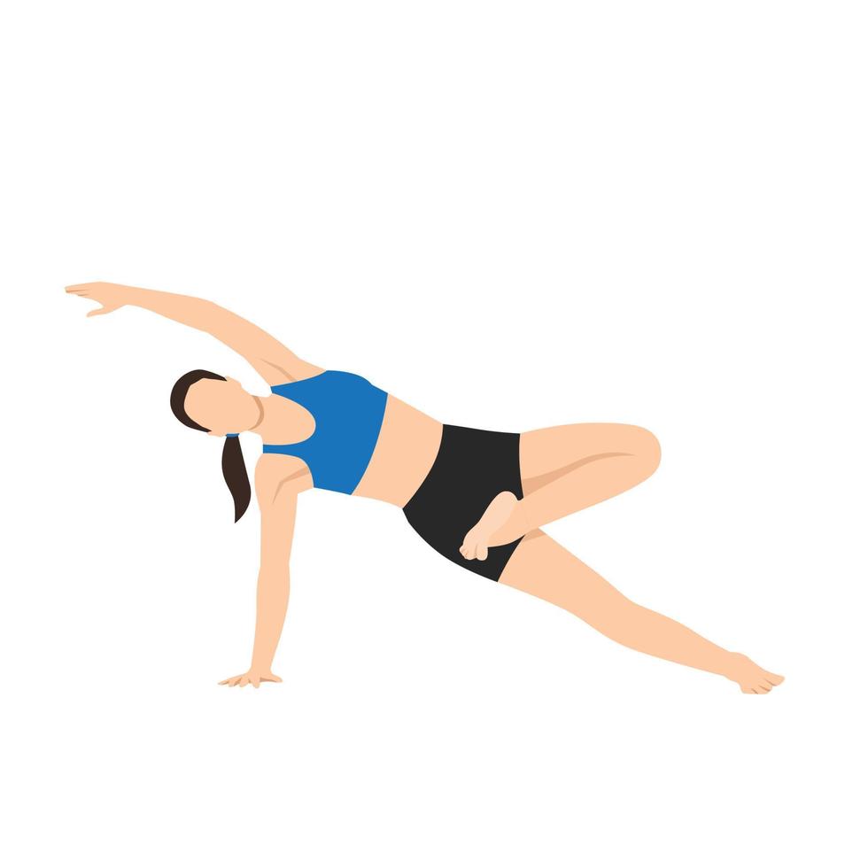 mujer haciendo tablón lateral kasyapasana con ejercicio de medio loto atado. ilustración vectorial plana aislada sobre fondo blanco vector