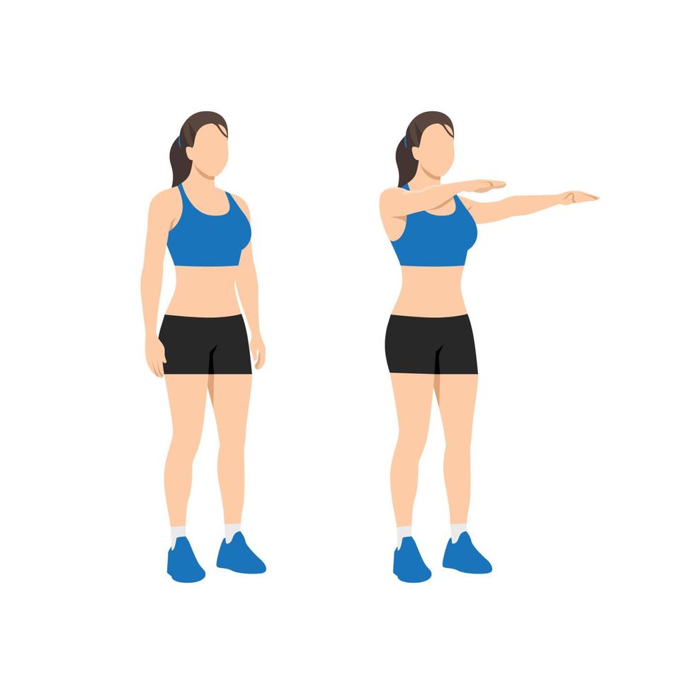 Woman doing double arm front raises exercise. Flat vector illustration isolated on white background