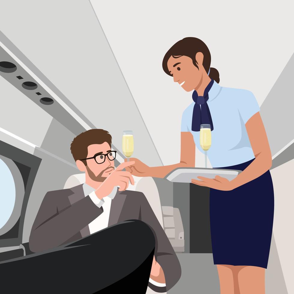 Young guy travel by airplane in business class. Vector flat cartoon illustration. First-class plane interior with comfortable seat. Stewardess serving drinks for man in suit