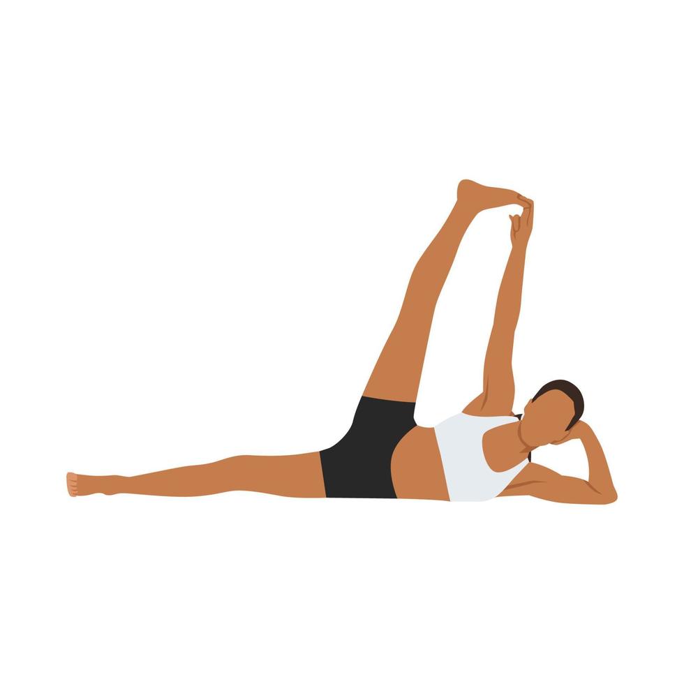 Woman doing Side Reclining Leg Lift Pose, Vishnu Pose, Eternal One Pose. Practice Anantasana. Flat vector illustration isolated on white background