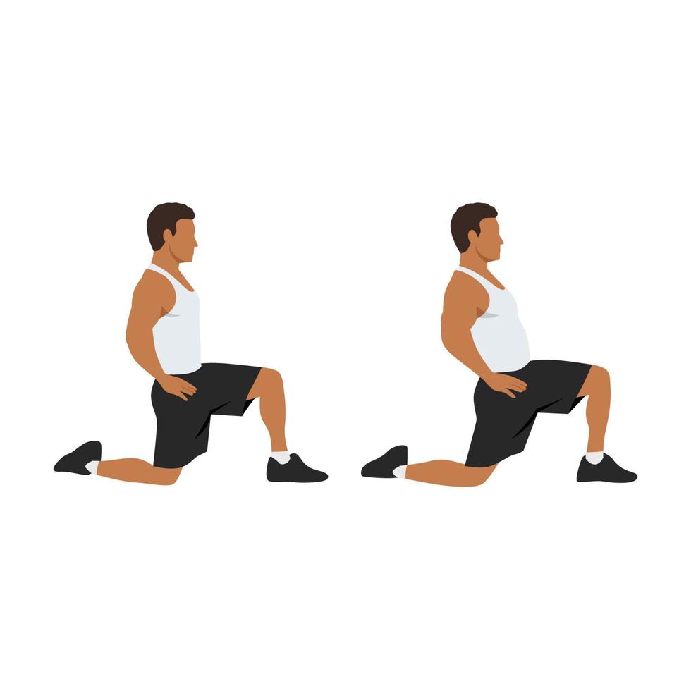 hombre haciendo ejercicio de estiramiento del flexor de la cadera arrodillado. ilustración vectorial plana aislada sobre fondo blanco vector