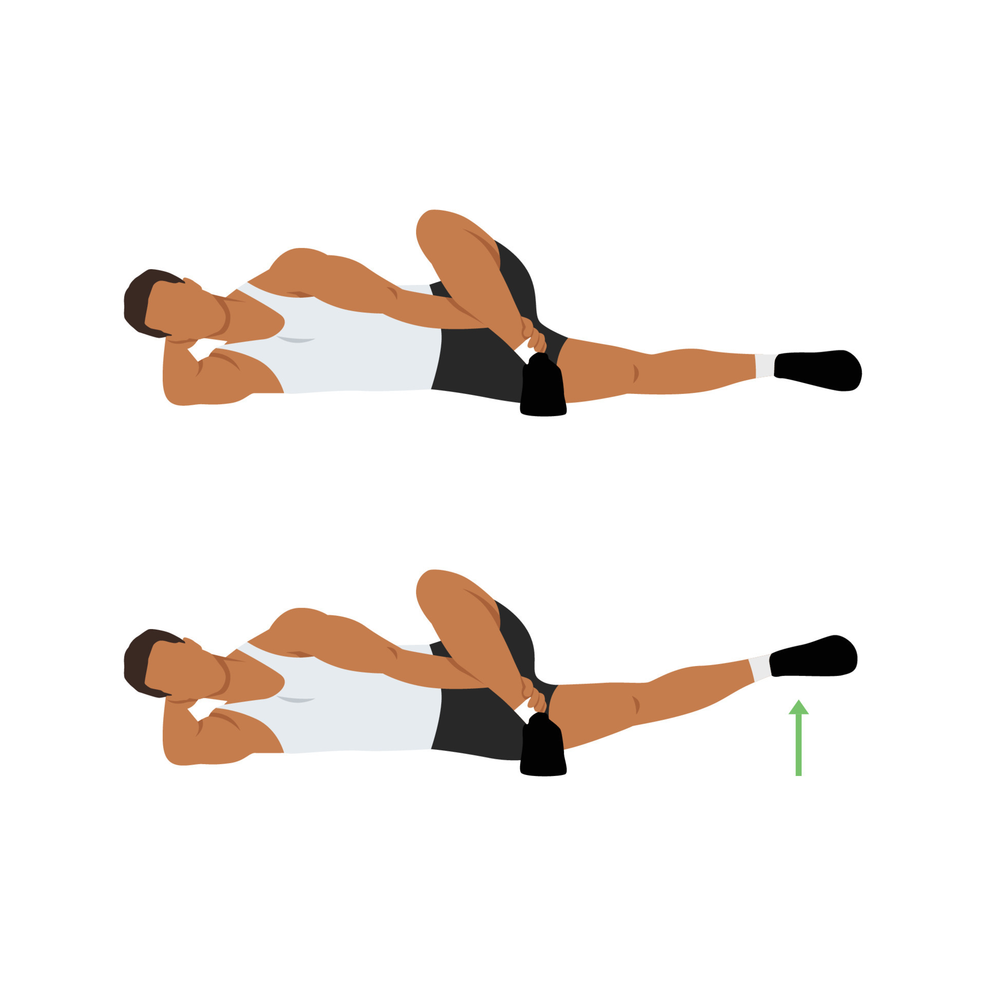 Man doing Lying Crossover Leg Lift Exercise in 2 steps