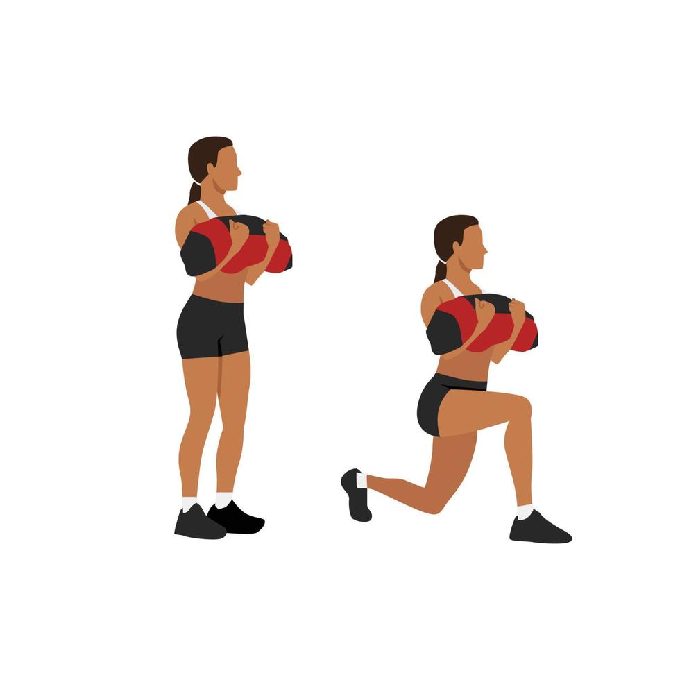 Woman doing powerbag or sandbag walking lunges flat vector illustration isolated on white background