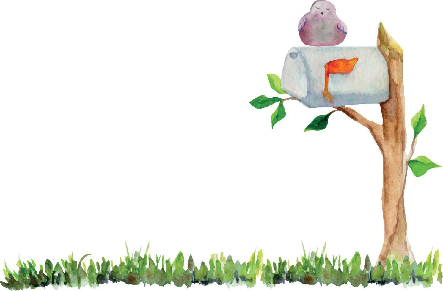 Watercolor hand drawn countryside postbox with meadow grass and a sleeping bird, isolated on white background. Design for cards, gift bags, invitations, textile, print, wallpaper, for children vector