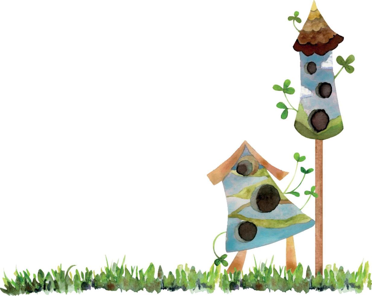 Watercolor hand drawn fantasy birdhouses with clouds and plants on grass, isolated on white background. Design template for cards, gift bags, invitations, textile, print, wallpaper, for children vector