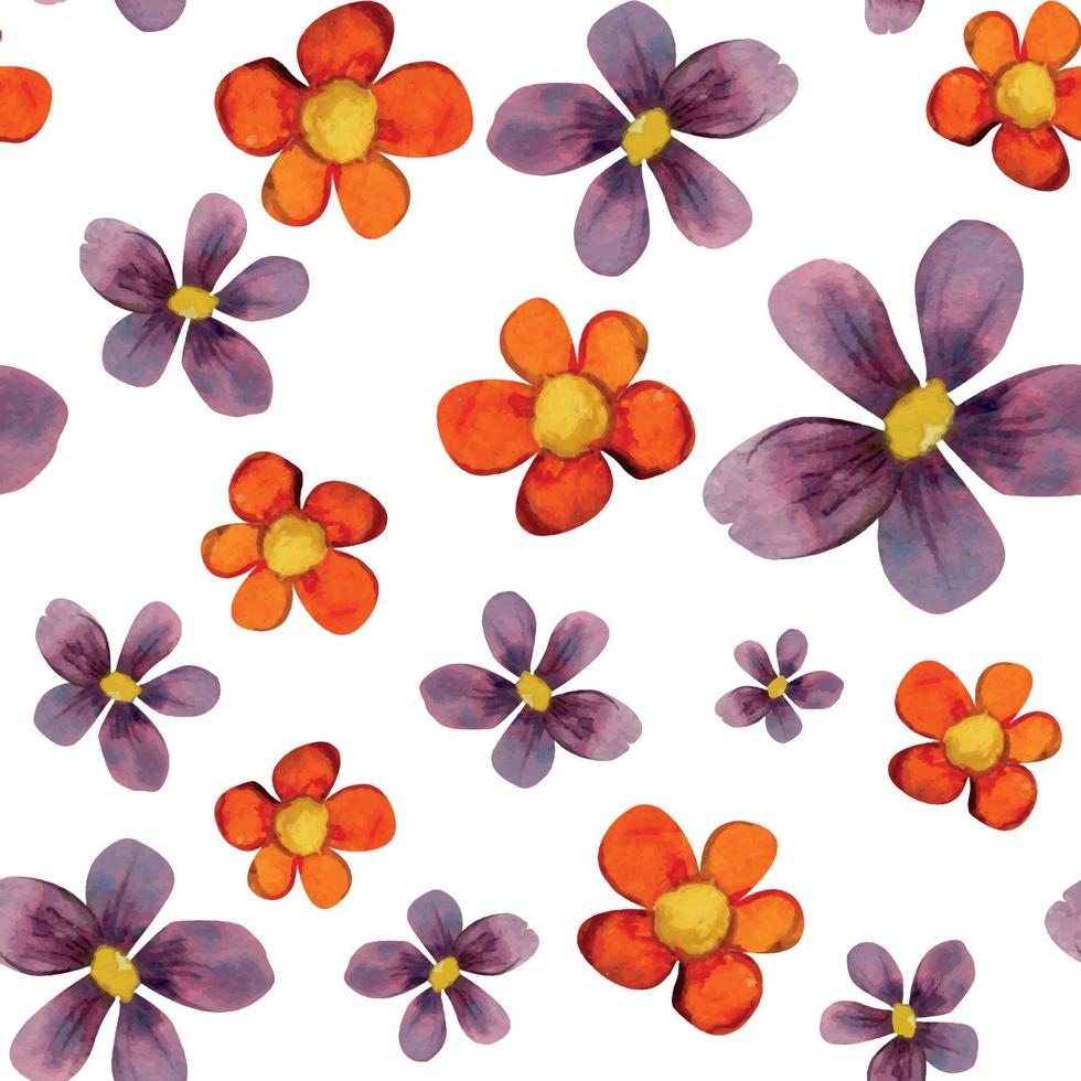 Watercolor hand drawn seamless pattern with red and purple flowers and leaves, isolated on white background. Design for cards, gift bags, invitations, textile, print, wallpaper, for children vector