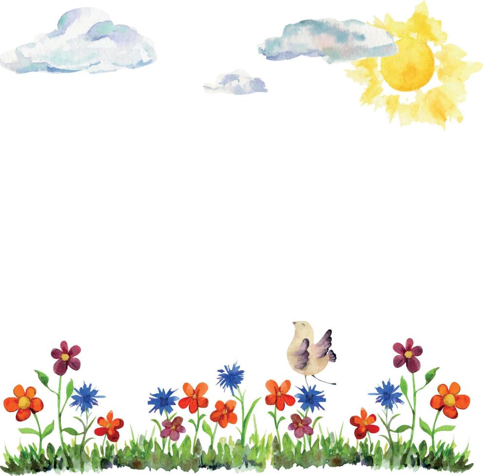 Watercolor hand drawn countryside with sun, flowers, clouds and a bird, isolated on white background. Design for cards, gift bags, invitations, textile, print, wallpaper, for children vector