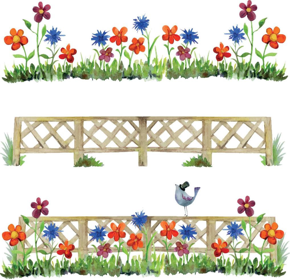 Watercolor hand drawn countryside wooden fence with grass, flowers and a bird, isolated on white background. Design template for cards, gift bags, invitations, textile, print, wallpaper, for children vector