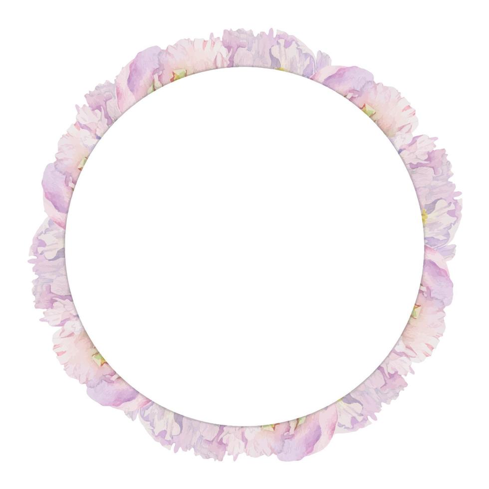 Watercolor circle frame arrangement with hand drawn delicate pink peony flowers, buds and leaves. Isolated on white background. For invitations, wedding, love or greeting cards, paper, print, textile vector