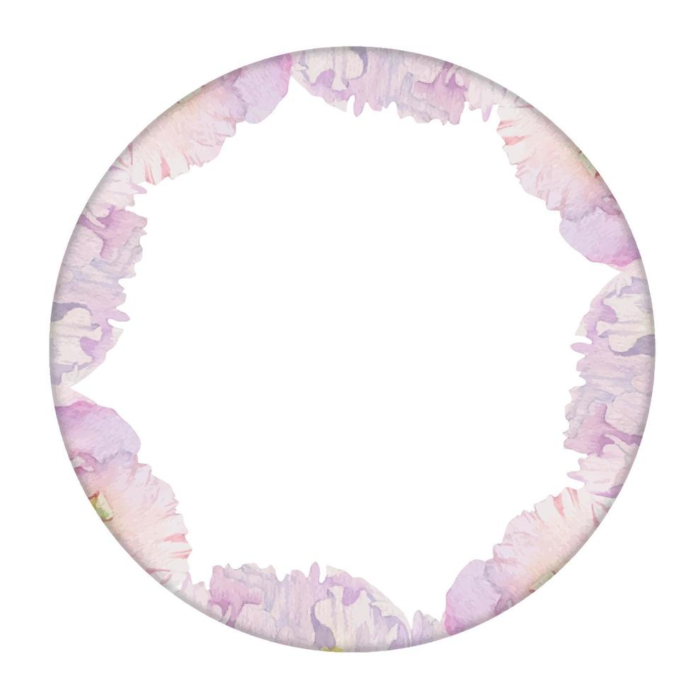 Watercolor circle frame arrangement with hand drawn delicate pink peony flowers, buds and leaves. Isolated on white background. For invitations, wedding, love or greeting cards, paper, print, textile vector