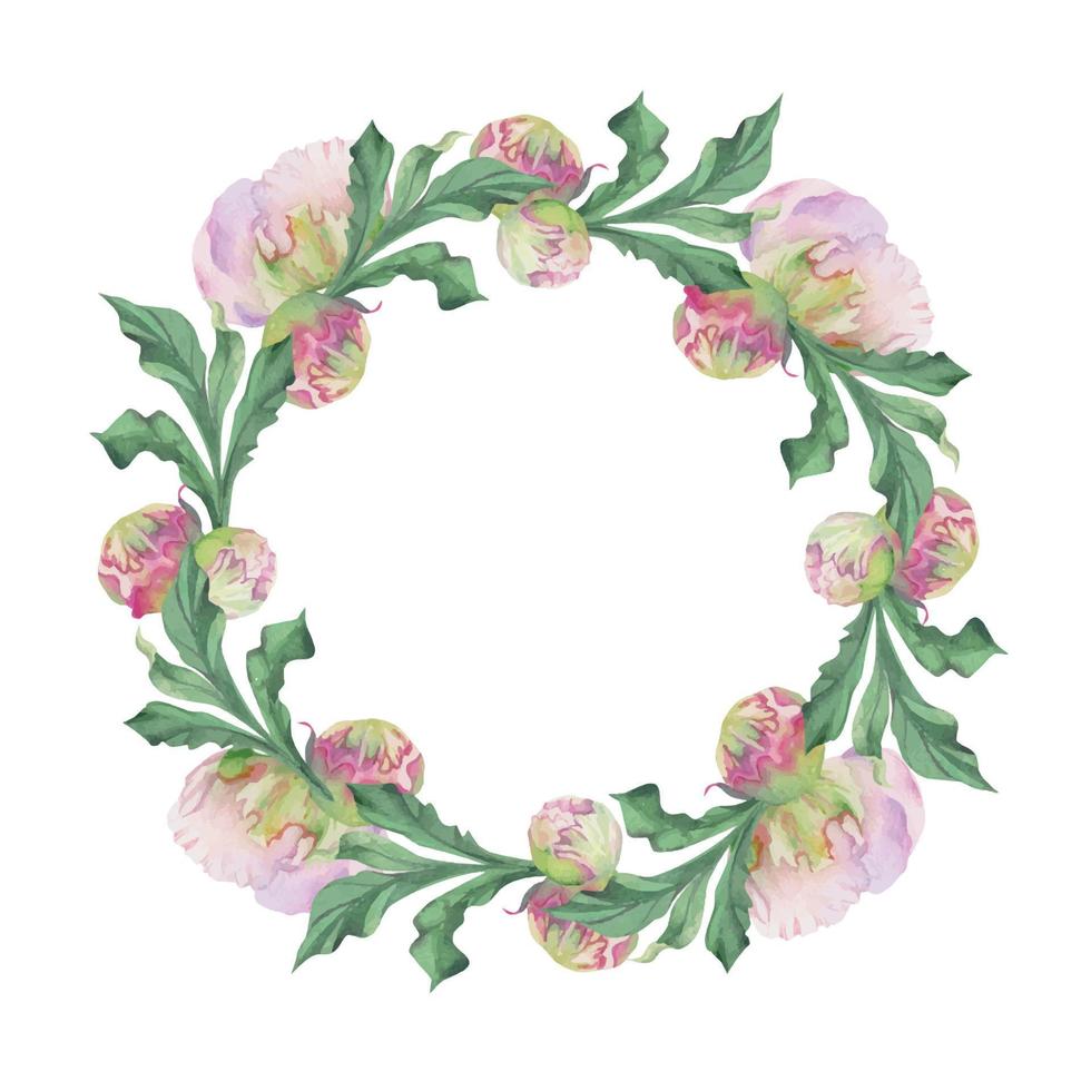 Watercolor circle frame arrangement with hand drawn delicate pink peony flowers, buds and leaves. Isolated on white background. For invitations, wedding, love or greeting cards, paper, print, textile vector