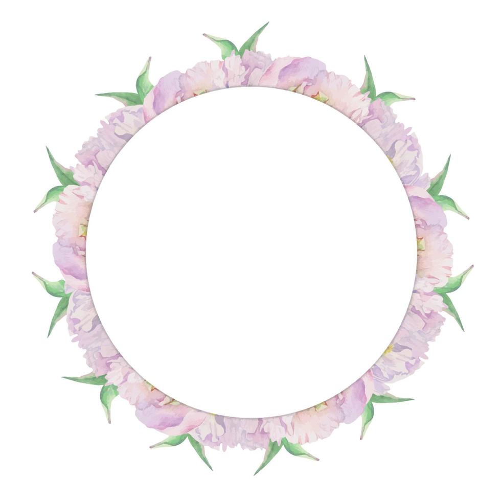 Watercolor circle frame arrangement with hand drawn delicate pink peony flowers, buds and leaves. Isolated on white background. For invitations, wedding, love or greeting cards, paper, print, textile vector