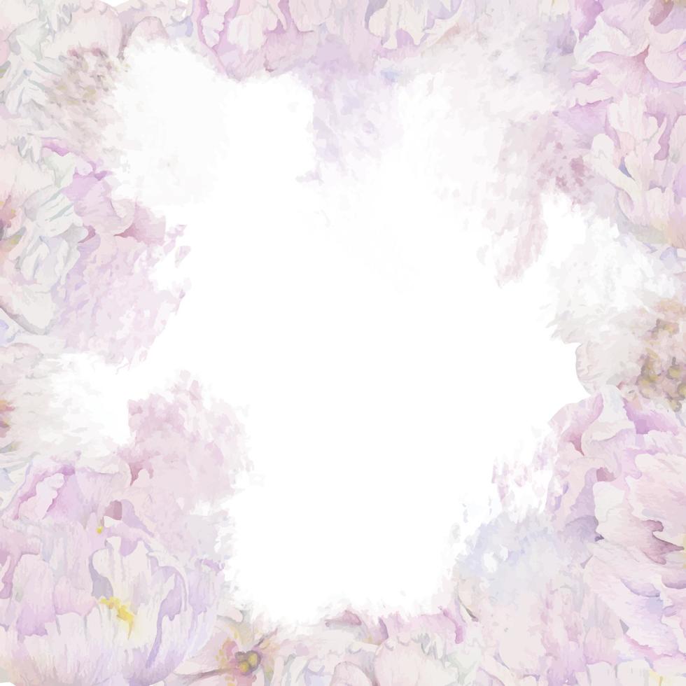 Watercolor pastel background arrangement with hand drawn delicate pink peony flowers, buds and leaves. Isolated on white. For invitations, wedding, love or greeting cards, paper, print, textile vector