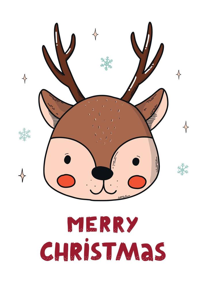Christmas and new year greeting card, nursery poster, print, sticker, template with hand drawn rein deer and lettering quote 'Merry Christmas'. EPS 10 vector