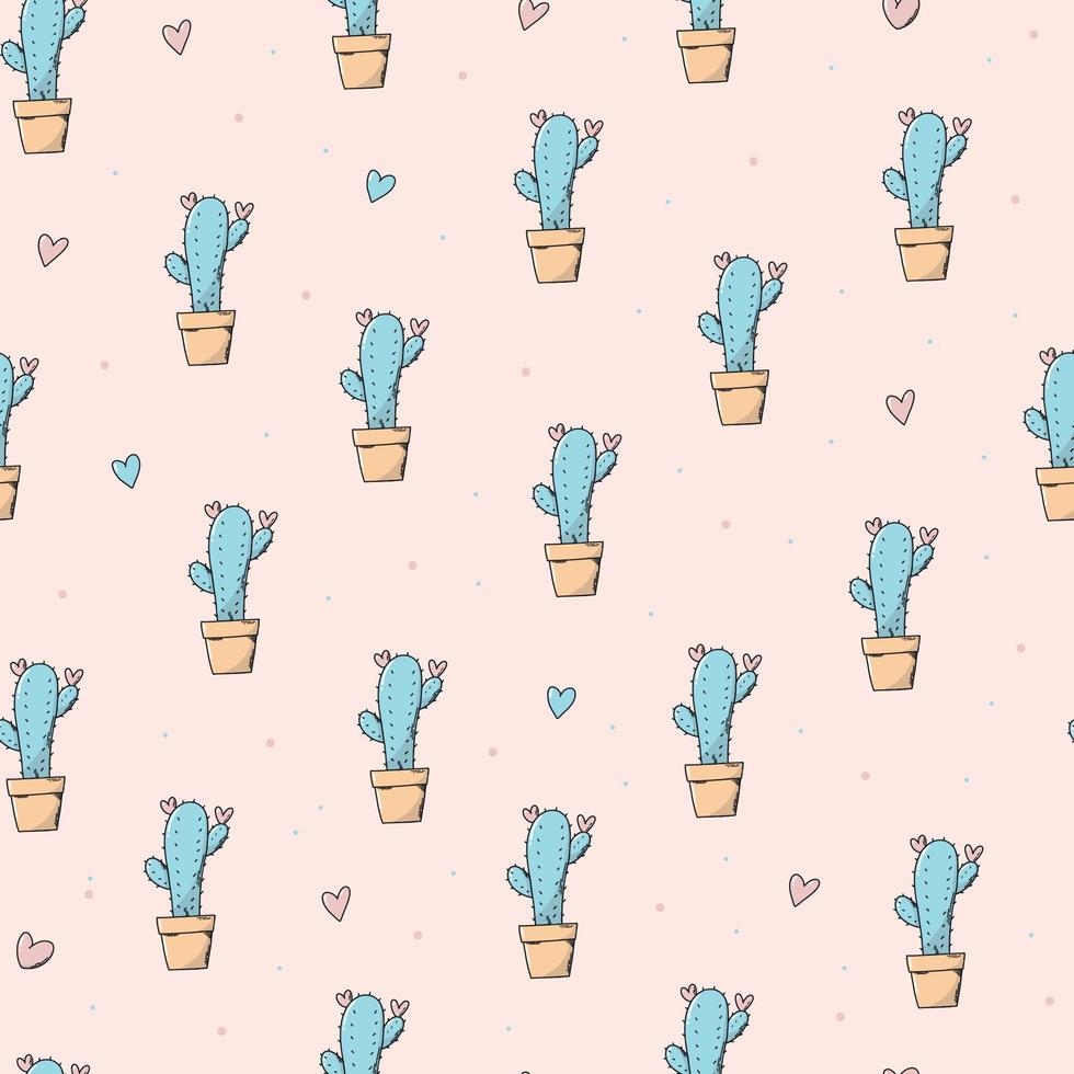 Cactus seamless pattern with hearts on light pink background. Good for wrapping paper, scrapbooking, stationary, wallpaper, textile prints, etc. EPS 10 vector