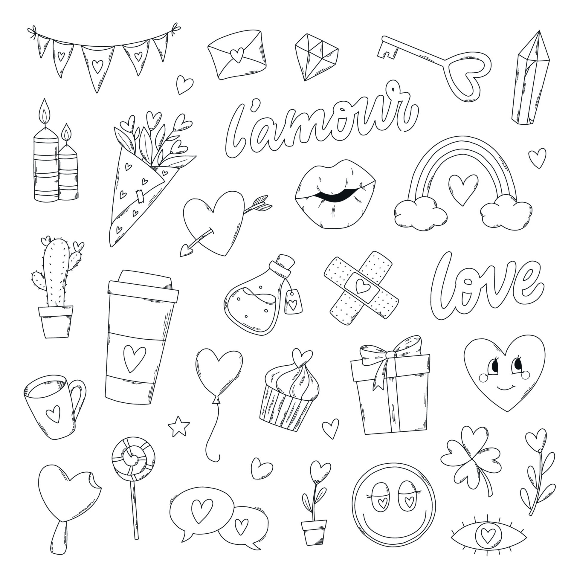 set of hand drawn Valentine\'s day doodles for prints, cards ...