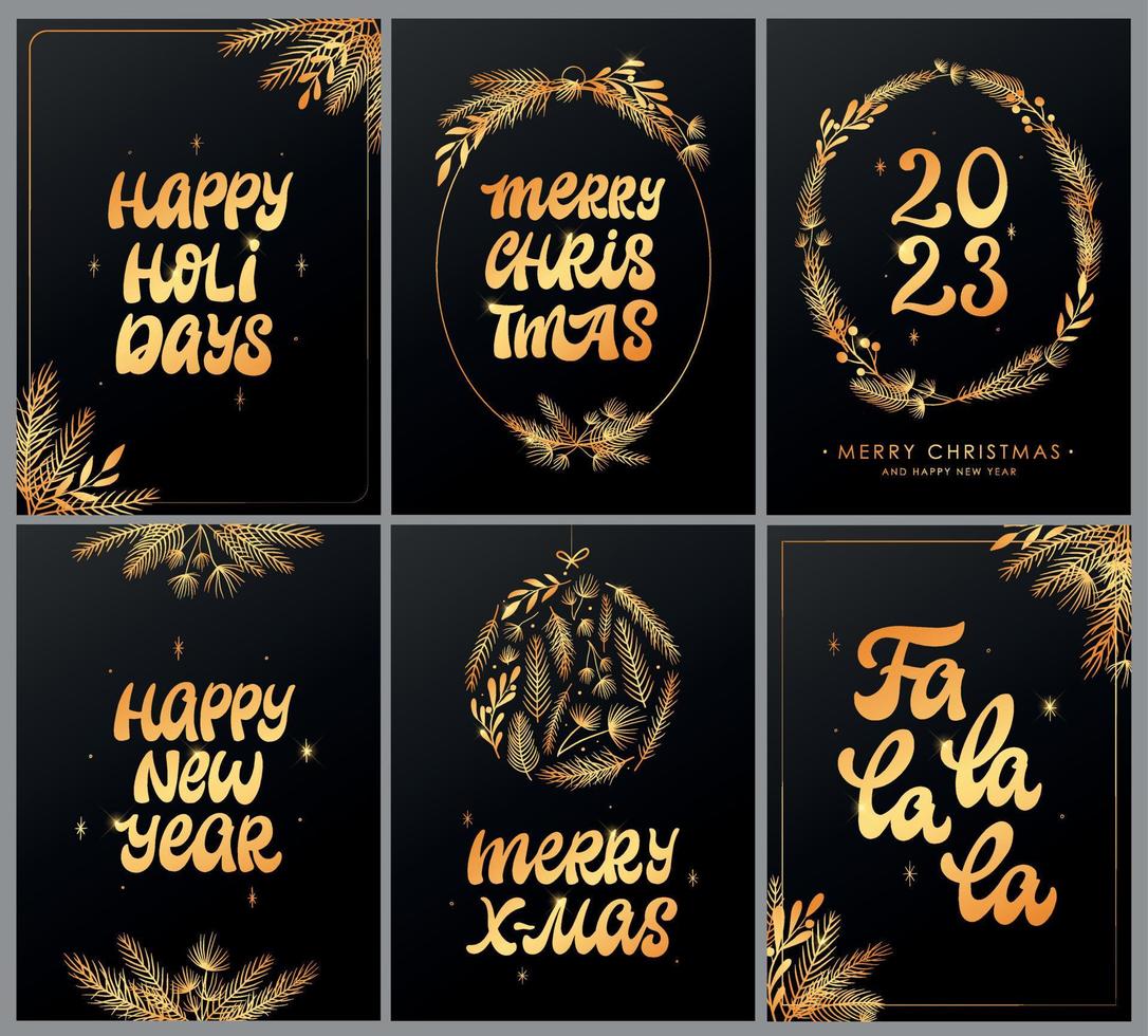 set of 6 Christmas and New Year greeting cards, posters, prints, invitations, templates, banners, etc. Gold lettering quotes decorated with fir tree branches on black backgrounds. EPS 10 vector