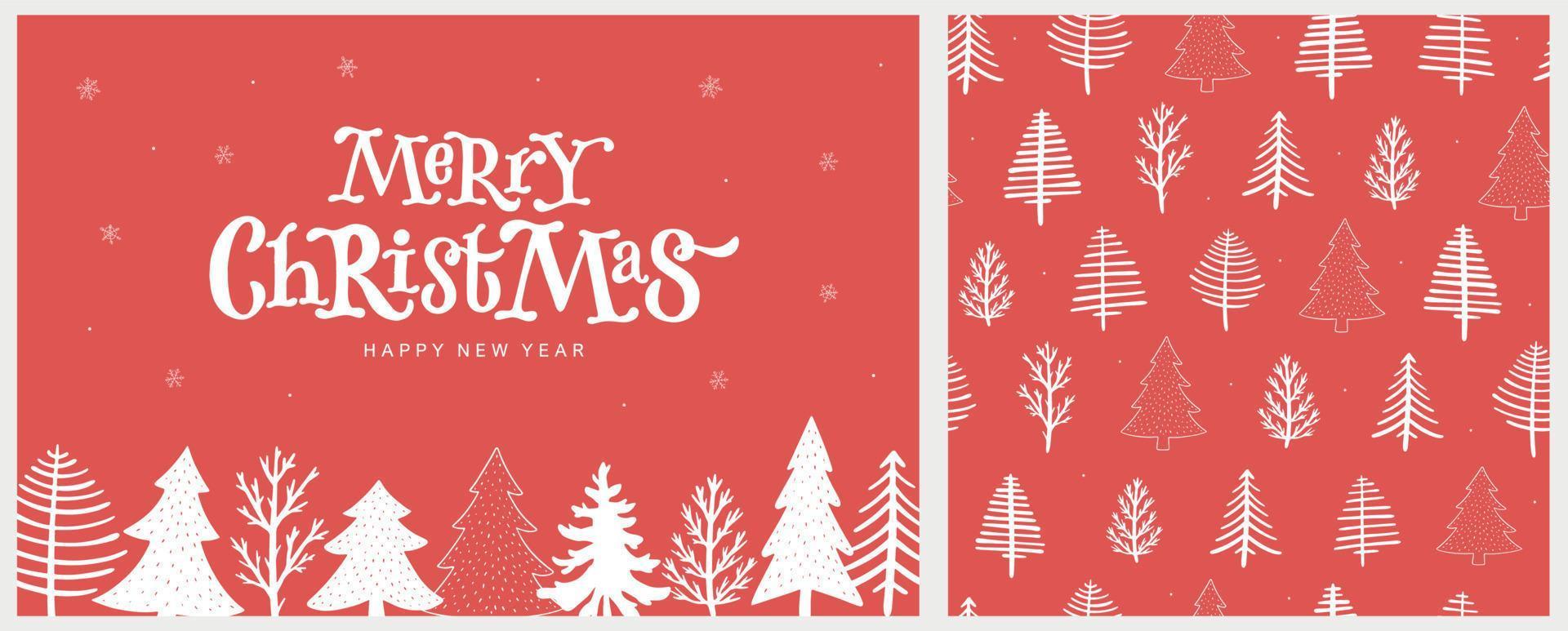 set of Christmas card, poster, invitation and seamless pattern decorated with white trees on red background. Good for prints, wrapping paper, wallpaper, etc. EPS 10 vector
