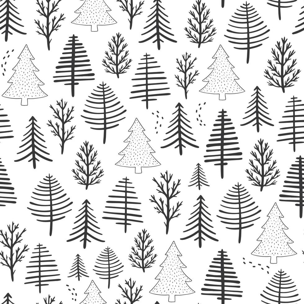 Christmas seamless pattern with monochrome trees, forest, woods. Good for nursery textile prints, wallpaper, bedding, scrapbooking, stationary, wrapping paper, etc. EPS 10 vector