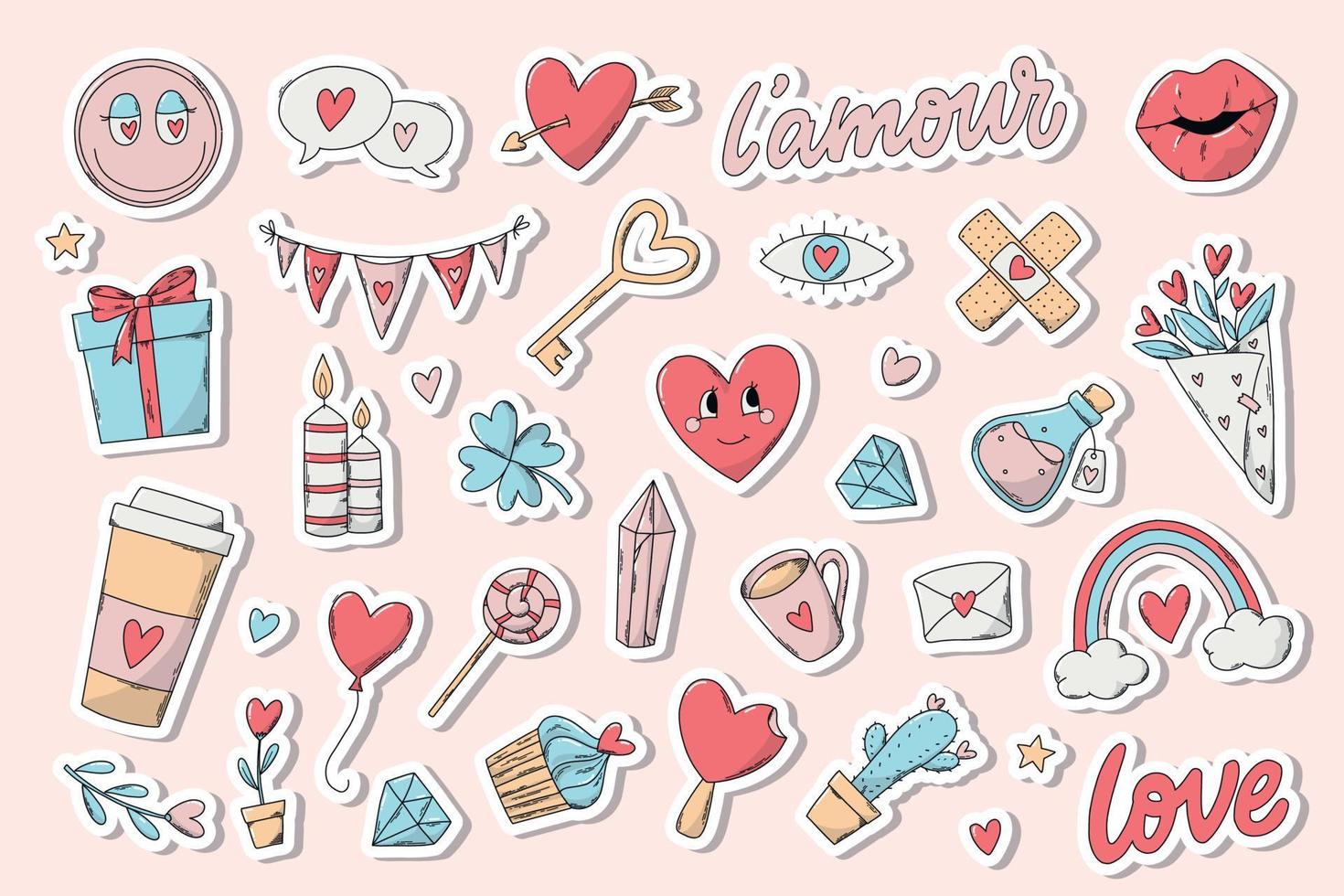 Set of more than 30 Valentine's day stickers with white edge. Good for planners, prints, cards, signs, logos, icons, etc. EPS 10 vector