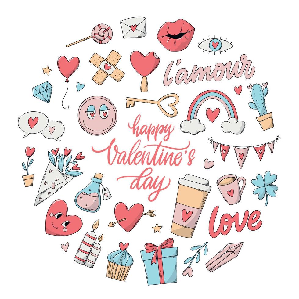 Set of Valentine's day doodles isolated on white background. Good for posters, prints, cards, invitations, stickers, clip art, icons, etc. EPS 10 vector