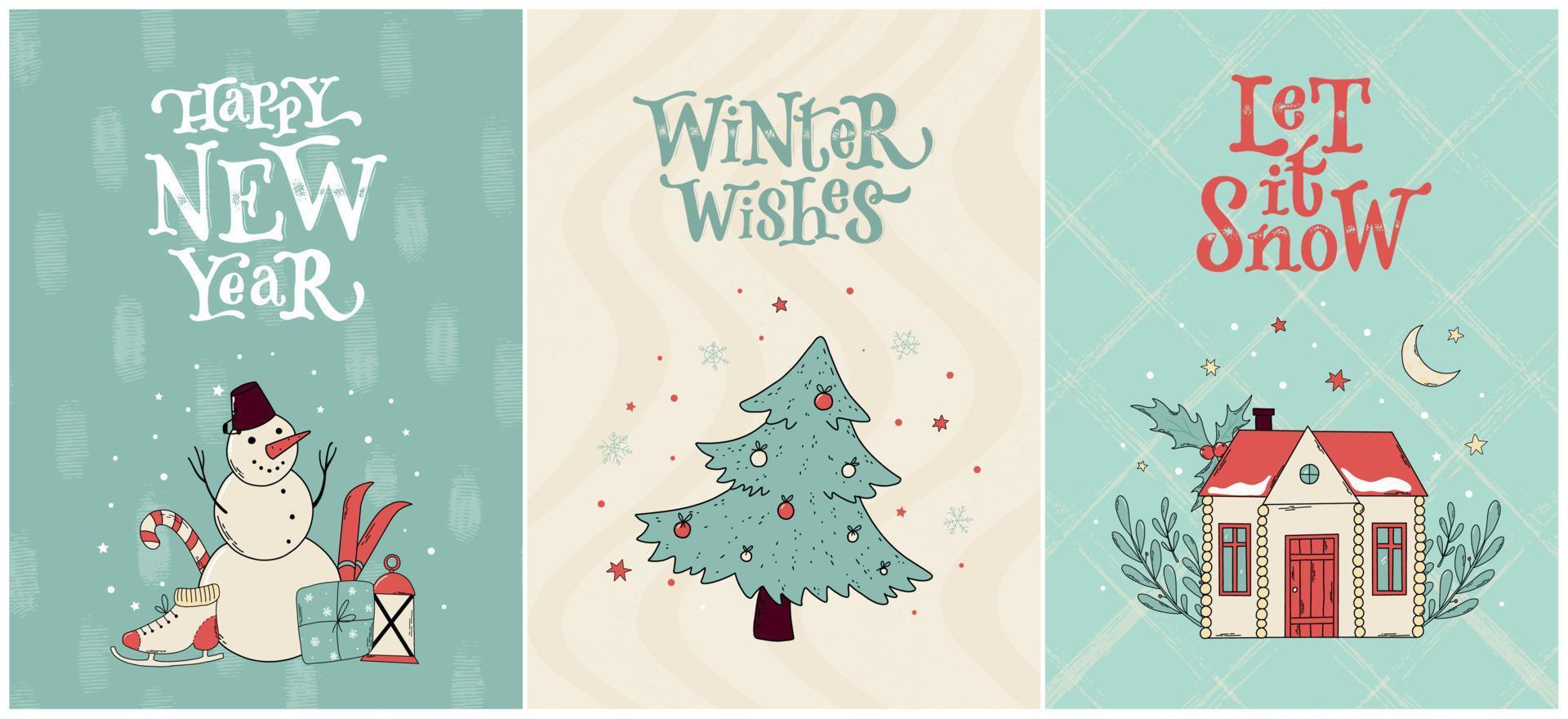 conjunto de tarjetas de felicitación de navidad y año nuevo, carteles, impresiones, invitaciones, pancartas decoradas con garabatos y citas con letras. eps 10 vector