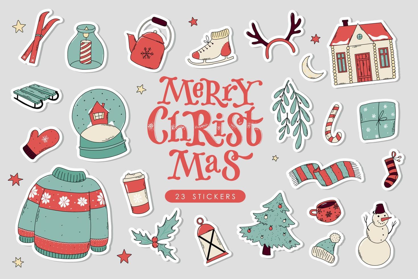 Set of Christmas and winter hand drawn doodles, clipart. Pre-made stickers with white edge are good for planners, magnets, stationary, card decor, labels, prints, etc. EPS 10 vector