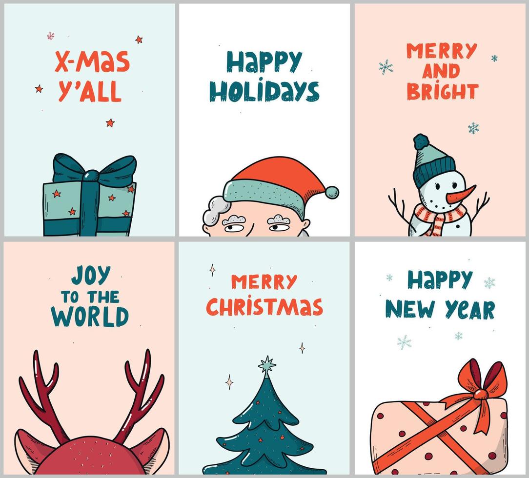 conjunto de tarjetas de felicitación navideñas, carteles, impresiones, invitaciones, plantillas, pancartas decoradas con garabatos y citas con letras. eps 10 vector