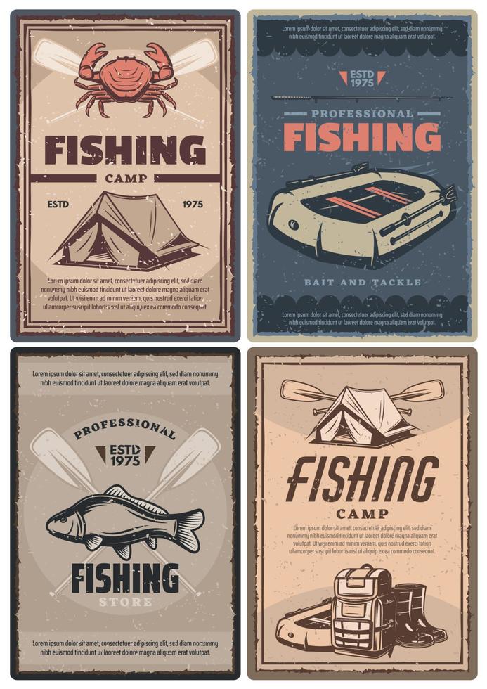 tienda de pesca profesional y carteles retro de campamento. vector