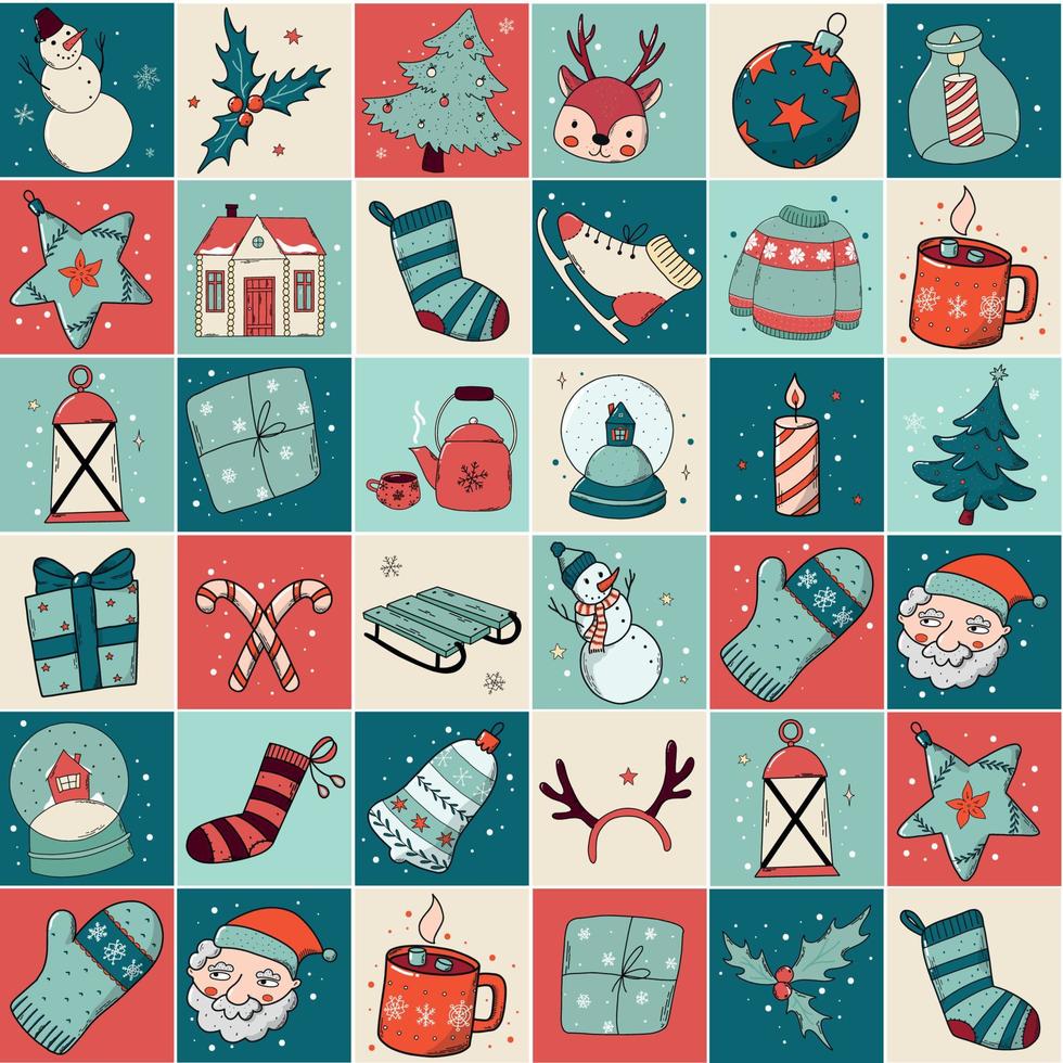Christmas seamless checkered pattern with doodles for wallpaper, scrapbooking, wrapping paper, textile prints, giftware, etc. EPS 10 vector