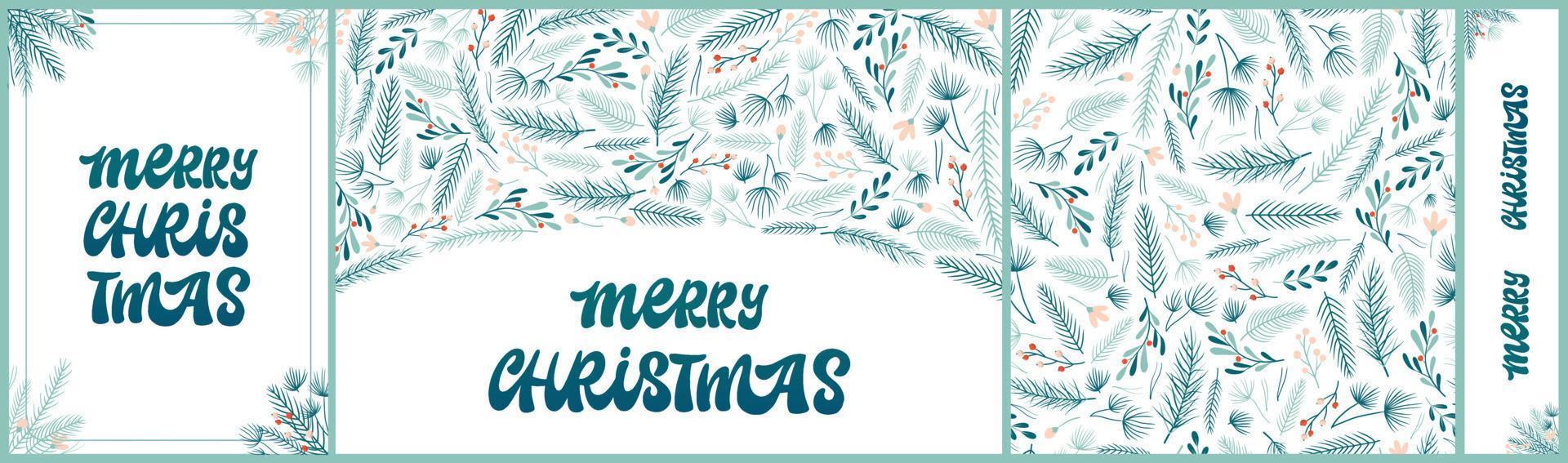 Set of Christmas greeting cards, banners, posters, seamless patter design. Lettering quote 'Merry Chrsitmas ' decorated with branches and berries on white background. EPS 10 vector