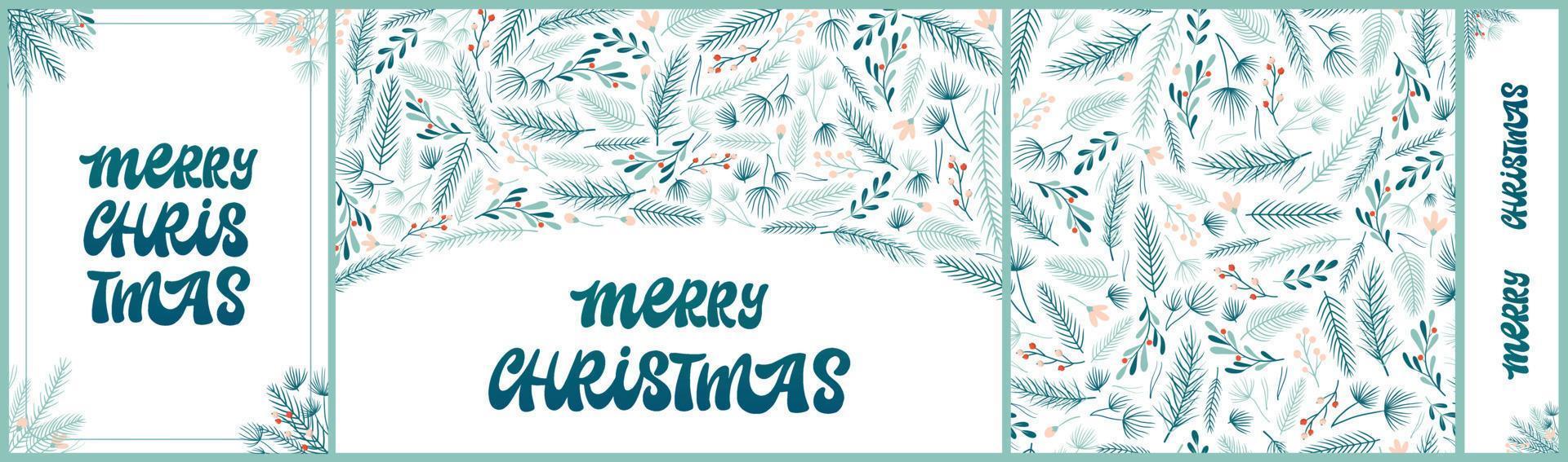 conjunto de tarjetas de felicitación navideñas, pancartas, carteles, diseño de patrones sin fisuras. cita con letras 'feliz navidad' decorada con ramas y bayas sobre fondo blanco. eps 10 vector