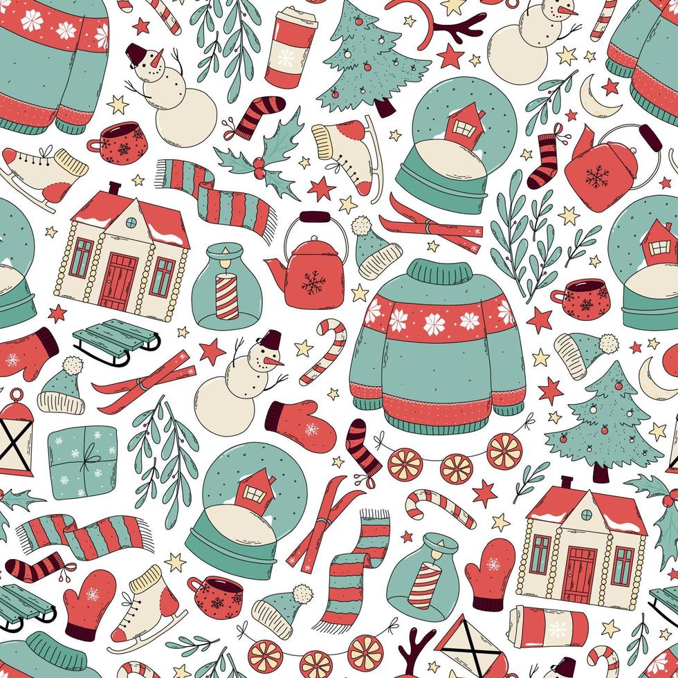 Christmas and winter seamless pattern with hand drawn doodles for gift wrap, wallpaper, textile prints, digital paper, scrapbooking, stationary, backgrounds, etc. EPS 10 vector