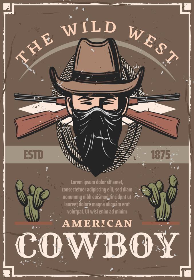 vaquero con sombrero del cartel retro del salvaje oeste americano vector