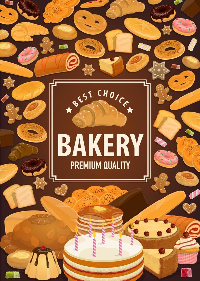 Bakery shop poster, pastry food of wheat dough vector