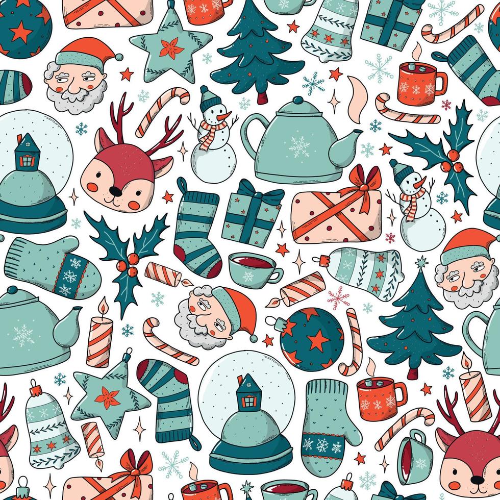 Christmas seamless pattern, surface print with hand drawn doodles for wrapping paper, tea towels, wallpaper, scrapbooking, etc. EPS 10 vector