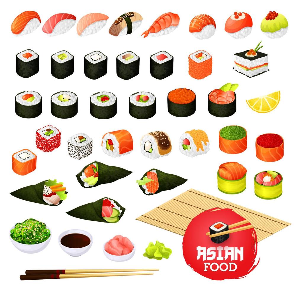 Sushi and rolls, gunkan, temaki and inari, ikura vector