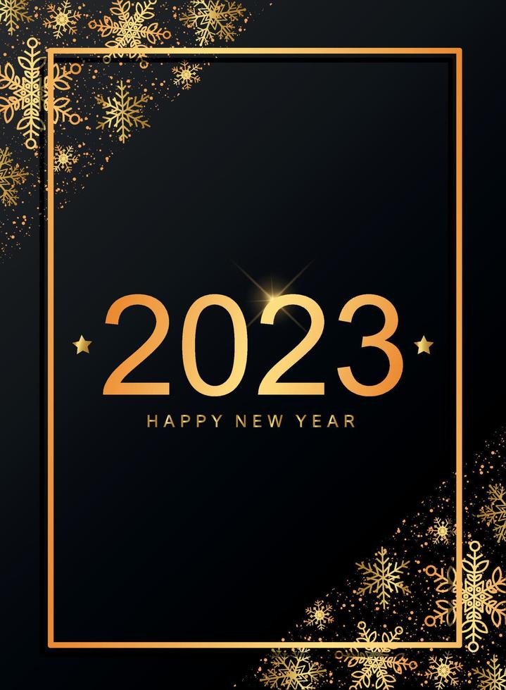 año nuevo 2023 y tarjeta de felicitación navideña, afiche, invitación, diseño de banner decorado con copos de nieve dorados, marco y cita. eps 10 vector
