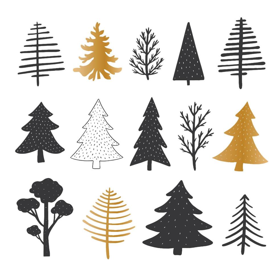 set of 14 isolated hand drawn trees for stickers, prints, cards, sublimation, holiday decor. Scandinavian style, nursery set. EPS 10 vector