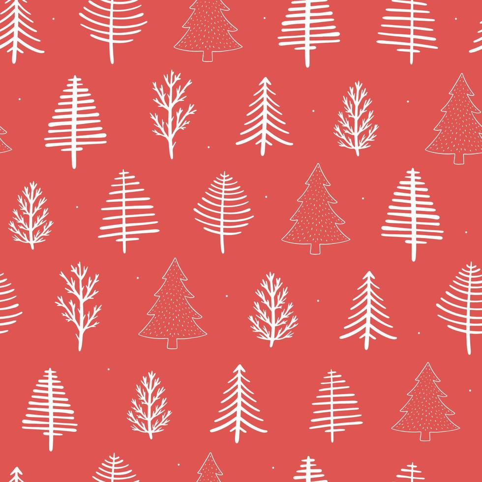 Christmas and winter seamless pattern decorated with hand drawn abstract trees on red background. Christmas wrapping paper, wallpaper, textile print for dish towels and bedding, nursery decor, etc. vector