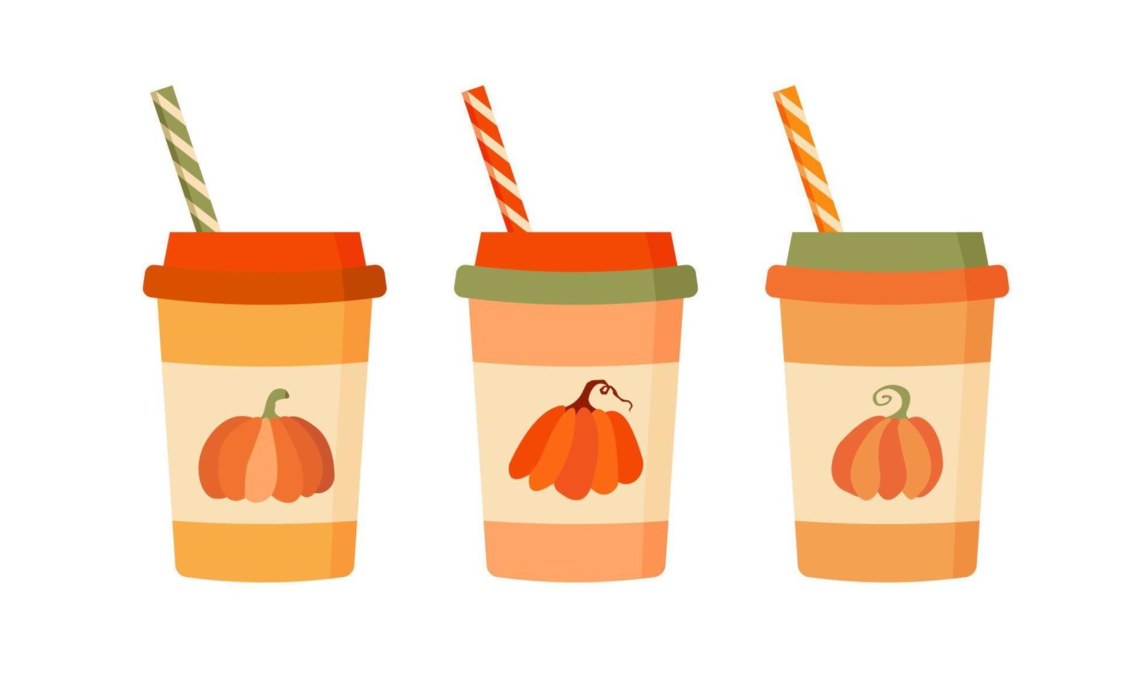 Pumpkin latte coffee, set of glasses. Isolated design on a white background. vector